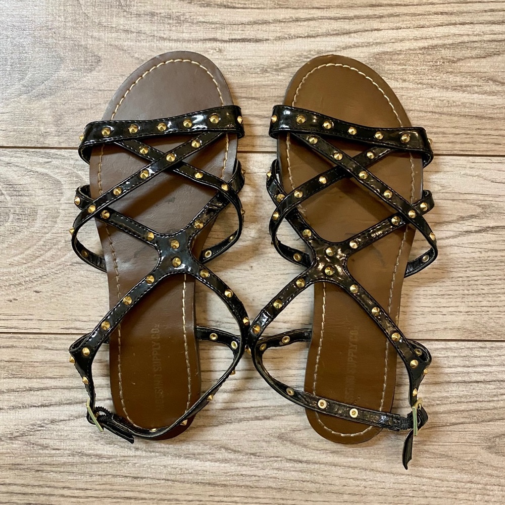 Black and Gold Stud Crisscross Sandals